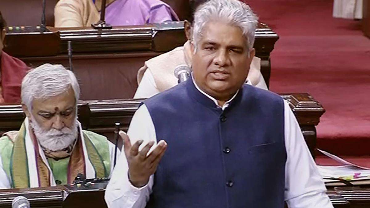 Union Minister for Environment Bhupender Yadav in Rajya Sabha on December 8, 2022. (Photo | PTI)