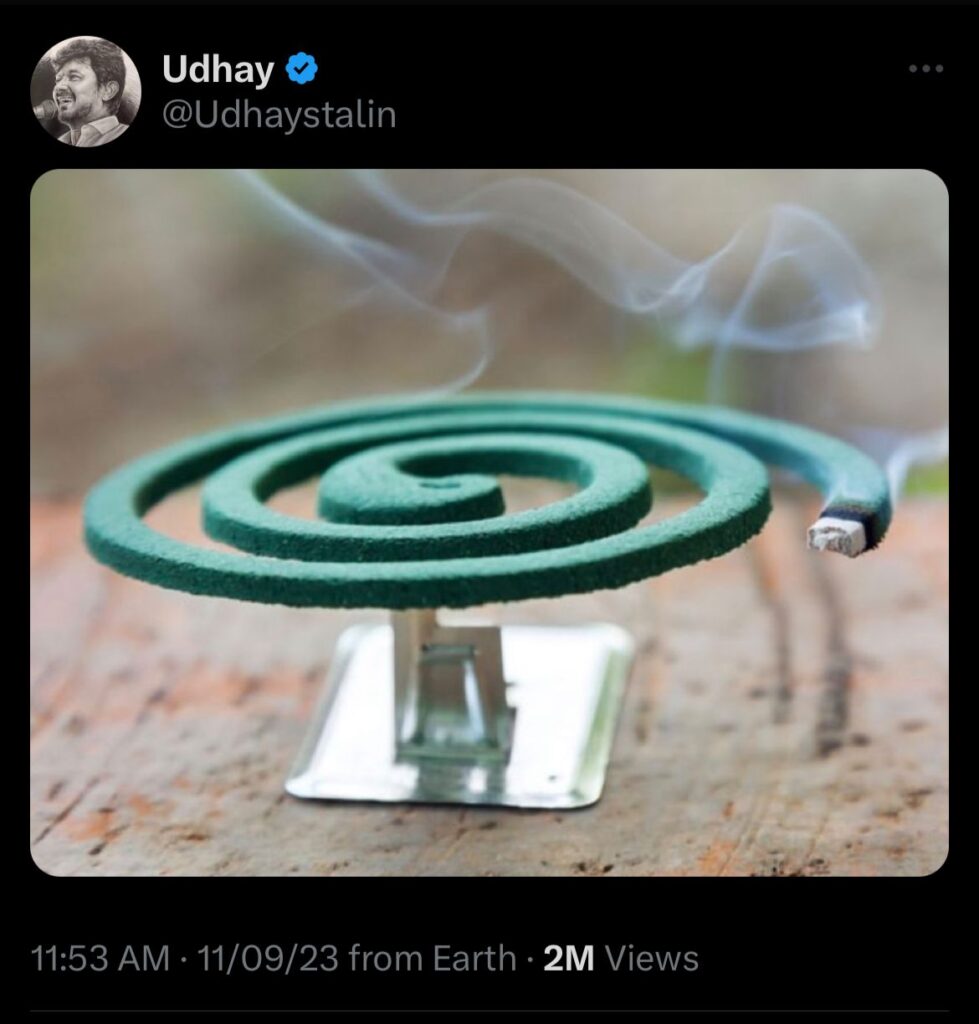 Read more about the article After calling Sanatan Dharma dengue and malaria, Udhayanidhi Stalin shares pic of mosquito repellent