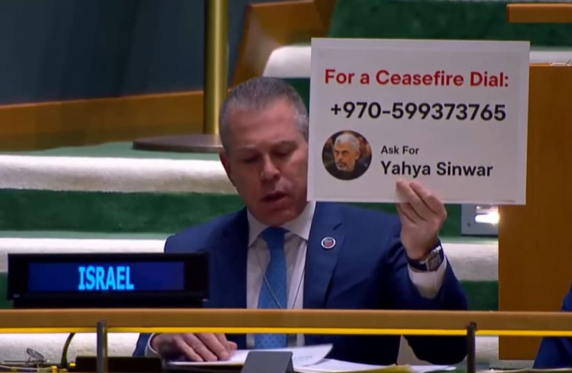 Read more about the article ‘Call Sinwar for ceasefire’: Israeli envoy shows Hamas leader’s number at UN